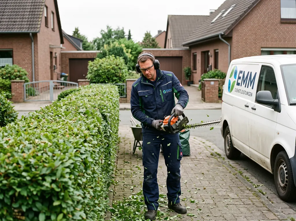 Heckenschnitt: Mitarbeiter mit Gehör- und Augenschutz schneidet eine Hecke an einer Wohnstraße