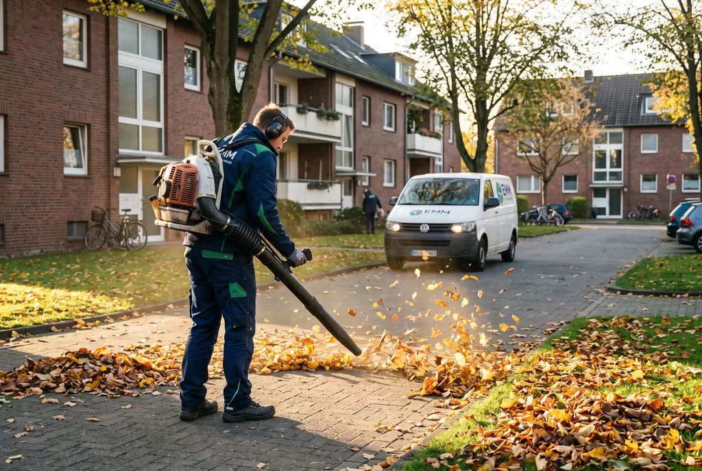 Laubentfernung mit Laubbläser auf einem Weg einer Wohnanlage im Herbst