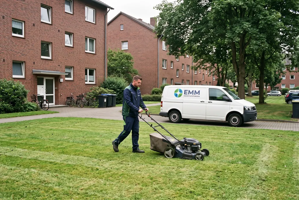 Rasenpflege: Mitarbeiter mäht die Grünfläche einer Wohnanlage mit Klinkerbauten