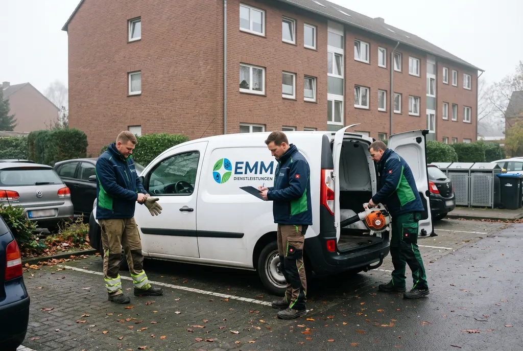 Drei Mitarbeiter in EMM-Arbeitskleidung bereiten am Firmenwagen vor einem Mehrfamilienhaus ihren Einsatz vor