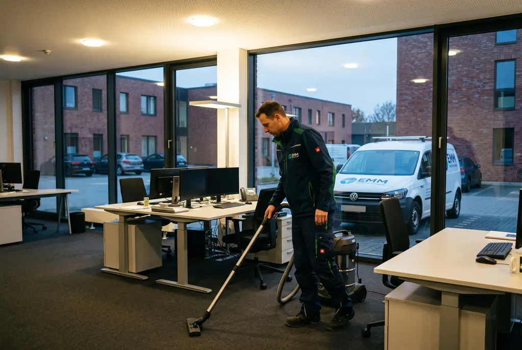 Unterhaltsreinigung: Mitarbeiter saugt am Abend den Teppichboden eines Großraumbüros