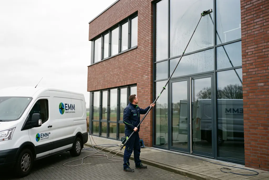 Glasreinigung mit Teleskopstange an der Glasfassade eines Bürogebäudes