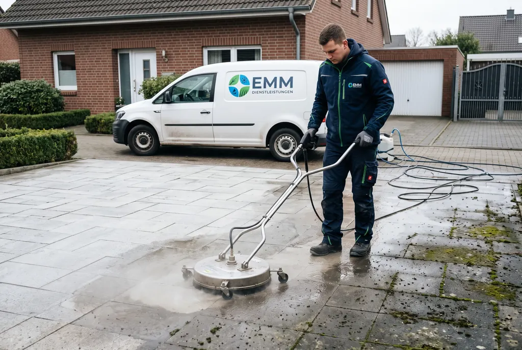 Pflastersteinreinigung mit Flächenreiniger: sichtbarer Unterschied zwischen gereinigten und vermoosten Platten