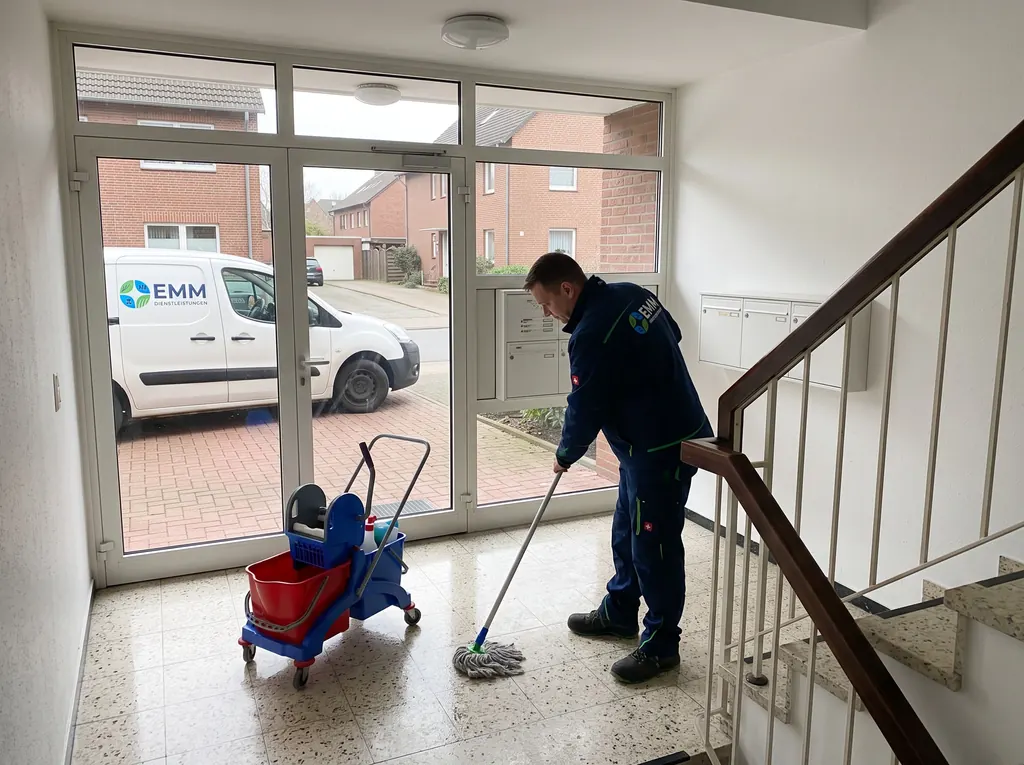 Treppenhausreinigung: Mitarbeiter wischt den Terrazzoboden im Eingangsbereich eines Mehrfamilienhauses