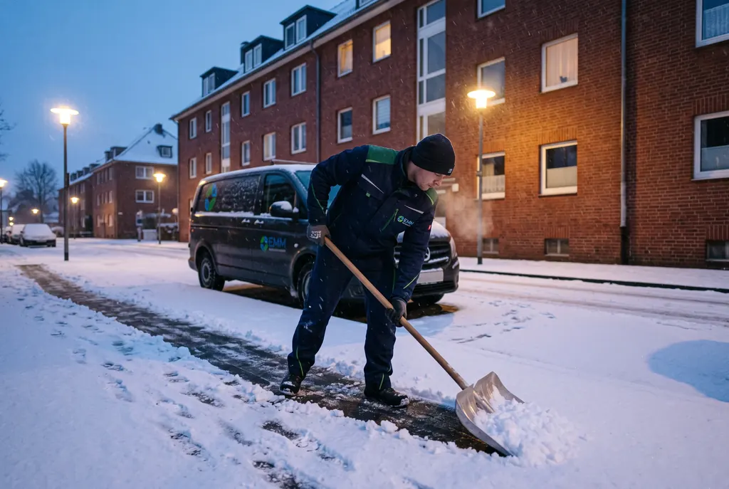 Mitarbeiter räumt in der Morgendämmerung Schnee vom Gehweg vor einem Klinker-Mehrfamilienhaus