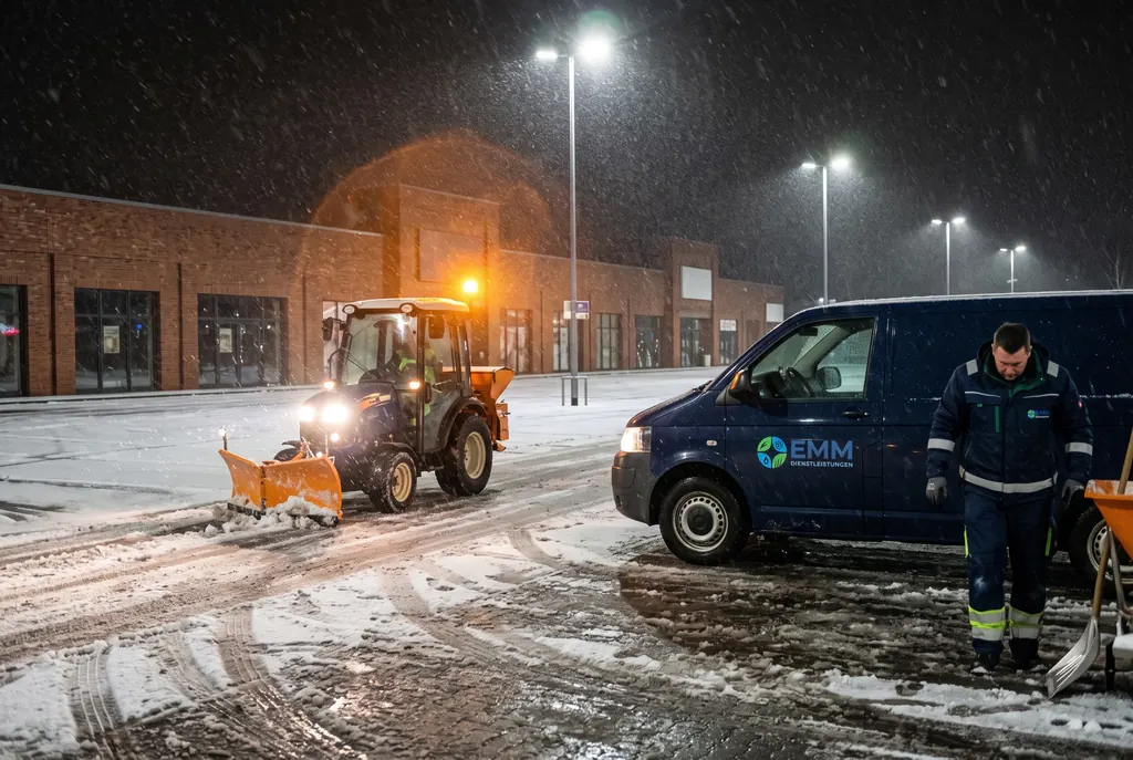 Traktor mit Räumschild und Streuer räumt nachts bei Schneefall einen großen Parkplatz