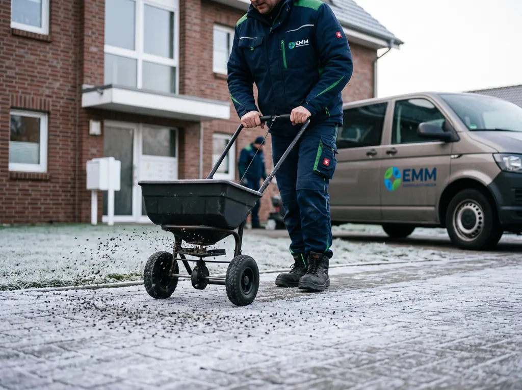 Mitarbeiter streut mit einem Streuwagen den vereisten Zugang zu einem Wohnhaus